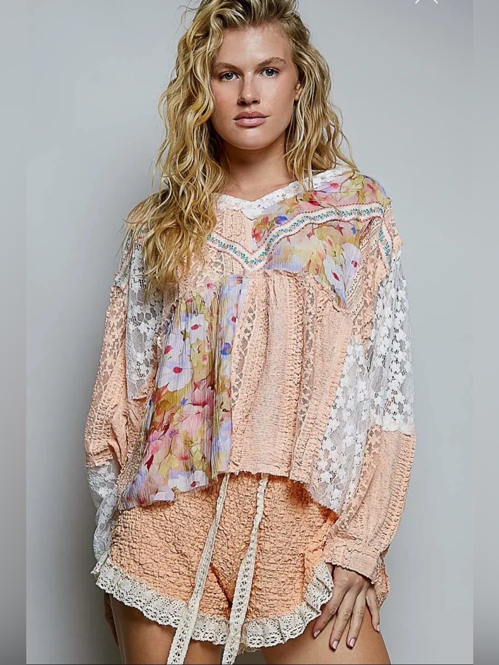 POL Apricot lace balloon sleeve boho patchwork floral blouse top pullover